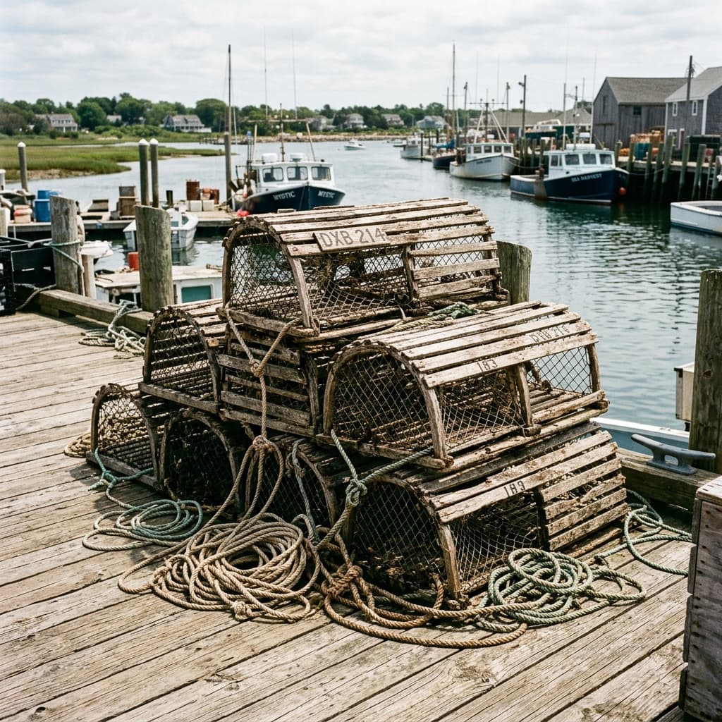 Rivet Bay authentic weathered wooden lobster traps stacked on a sun-bleached Duxbury wooden dock