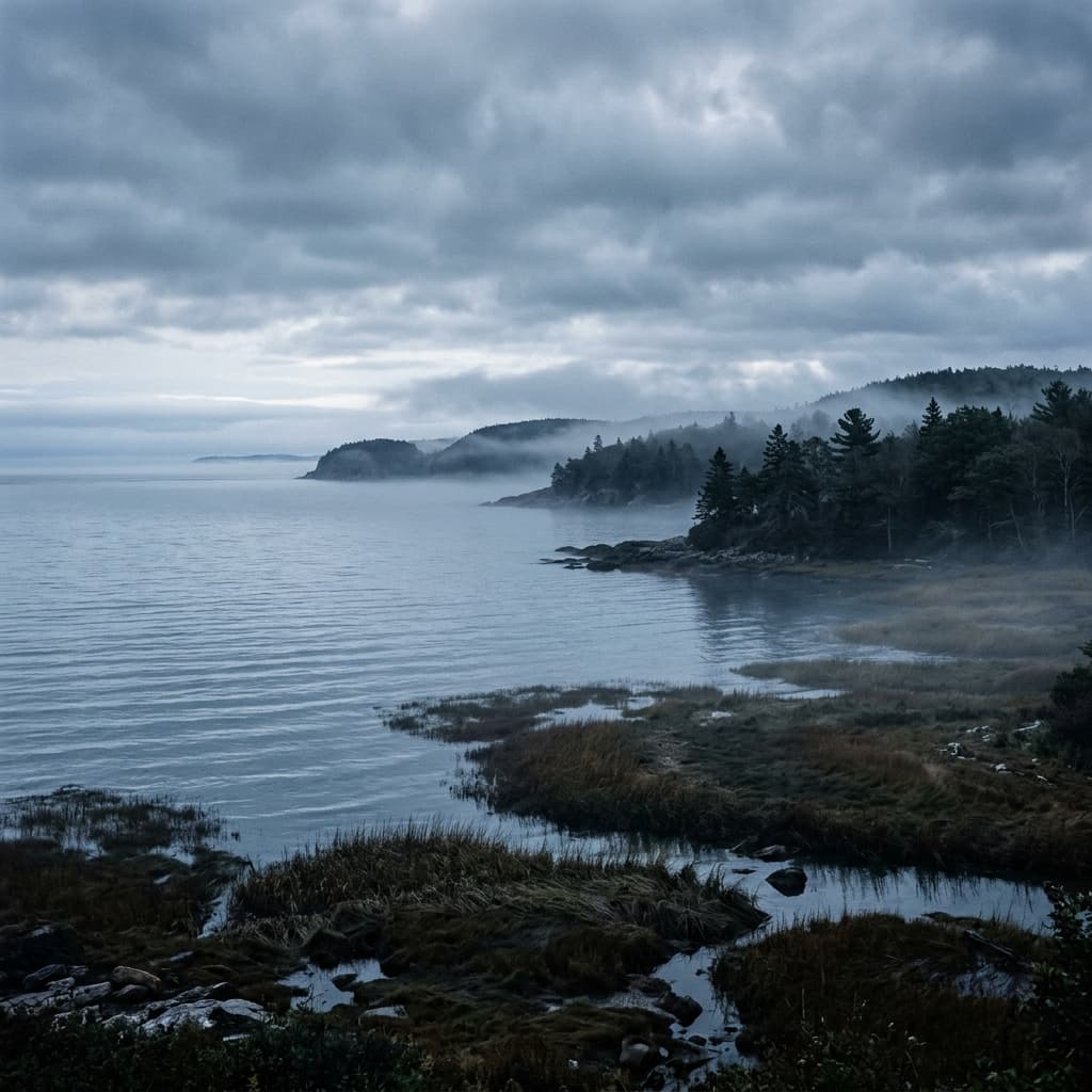 Moody New England coastal bay scenery at dawn with pine forests and salt marshes