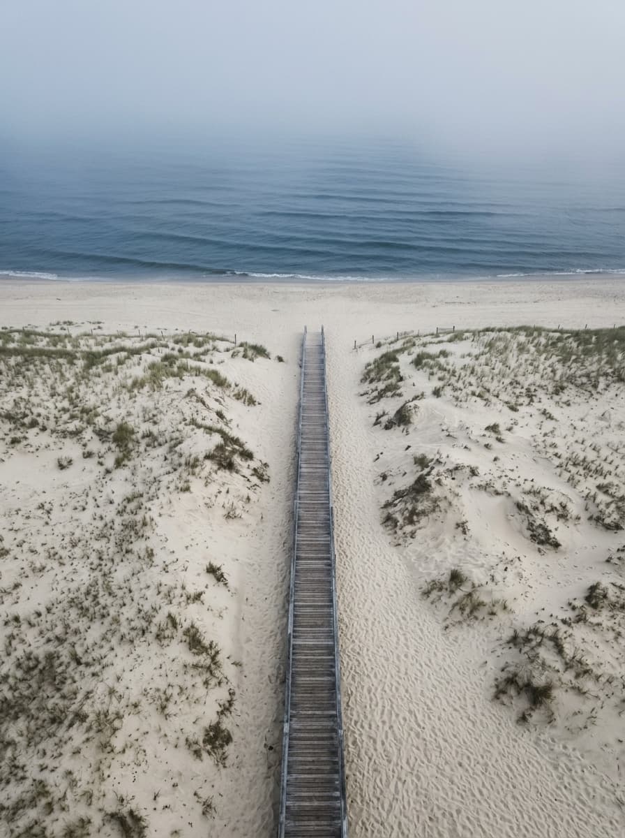 Overhead top-down view of a weathered wooden boardwalk leading through sand dunes to the ocean under misty morning light