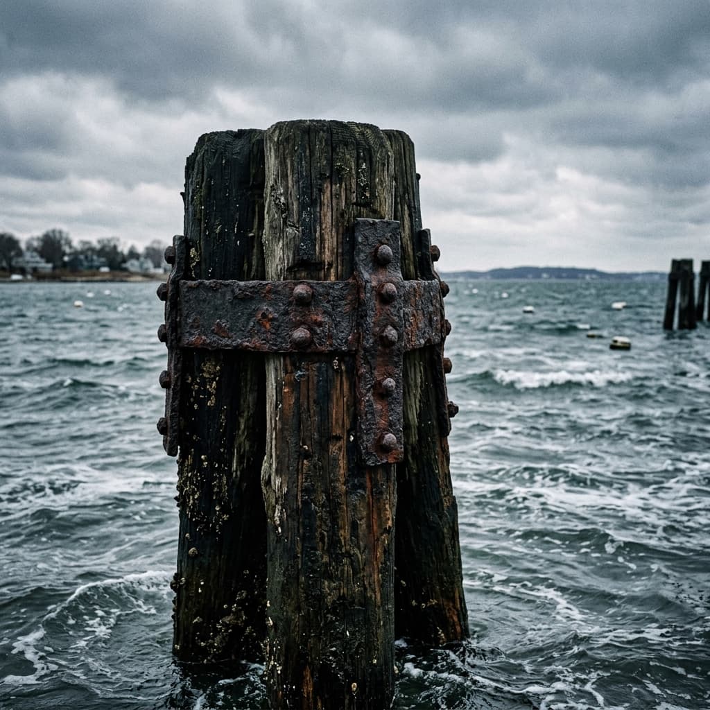 Rivet Bay authentic 35mm film photograph of weathered wooden pier piling reinforced with rusted iron rivets in Quincy Bay